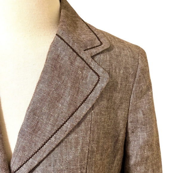 Ann Taylor heavy linen brown blazer with dark brown stitching and patch pockets - Picture 5 of 15